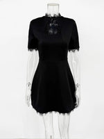 Tossy Black Lace Hollow Out Mini Dress Female Patchwork Short Sleeve Sexy High Waist Party Dress Women's Casual Printed Dress - flohmarkt-deutschland.shop