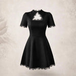 Tossy Black Lace Hollow Out Mini Dress Female Patchwork Short Sleeve Sexy High Waist Party Dress Women's Casual Printed Dress - flohmarkt-deutschland.shop