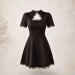 Tossy Black Lace Hollow Out Mini Dress Female Patchwork Short Sleeve Sexy High Waist Party Dress Women's Casual Printed Dress - flohmarkt-deutschland.shop