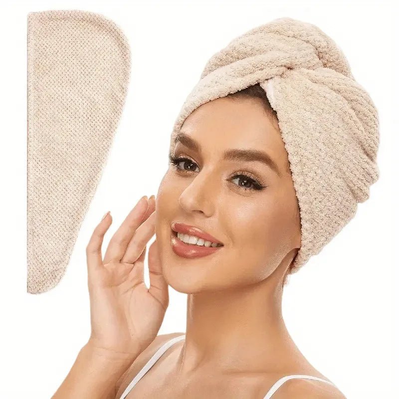 Unifarben Haar Handtuch Kappe Texturiert - Absorbierendes Haarhandtuch Mit Knopfverschluss Für Frauen - flohmarkt-deutschland.shop