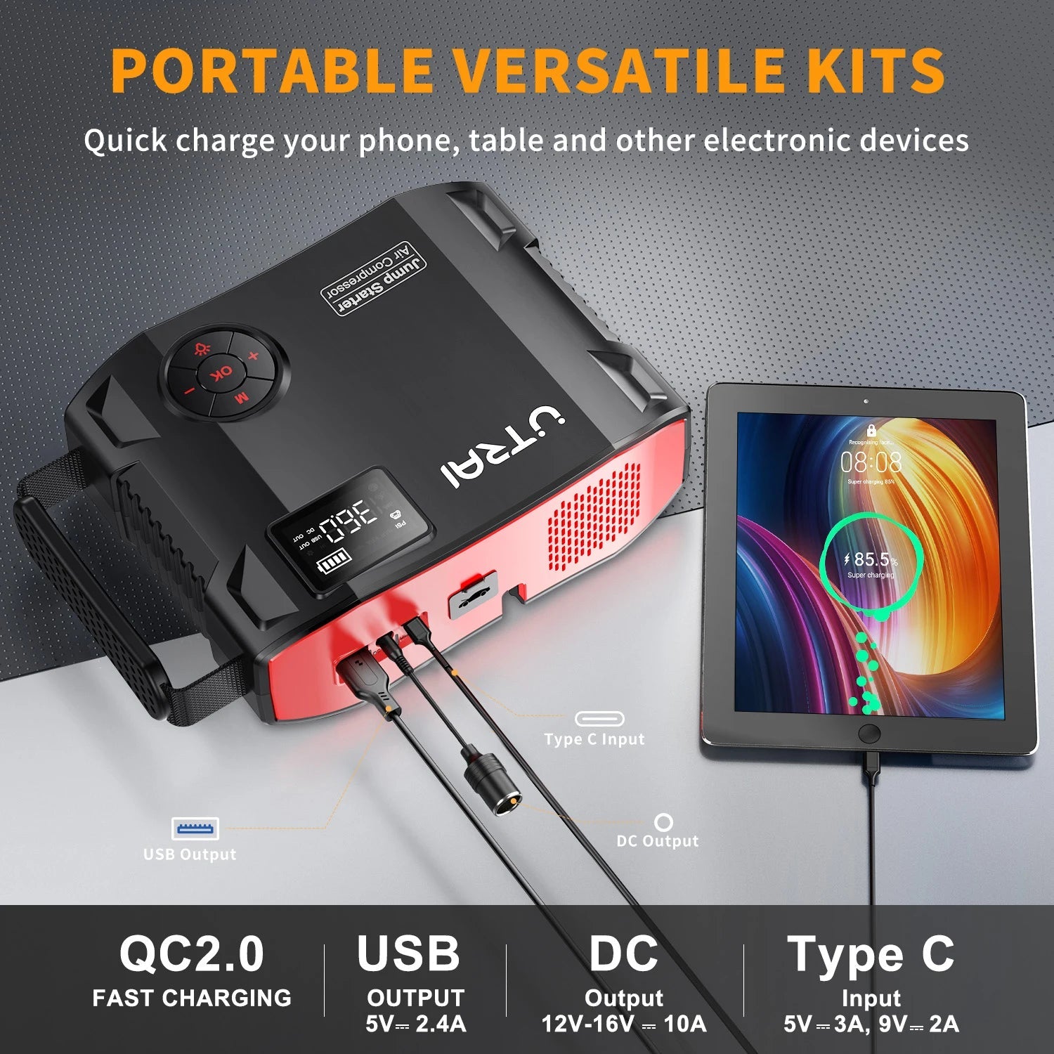 UTRAI 4 In 1 2000A Starthilfe Power Bank 16000 mAh 150 PSI Luftkompressor Reifenpumpe Tragbares Ladegerät Auto Booster Startgerät - flohmarkt-deutschland.shop