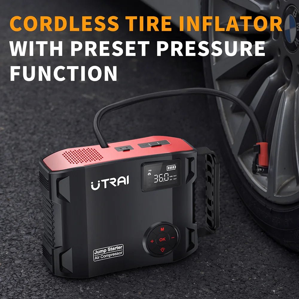 UTRAI 4 In 1 2000A Starthilfe Power Bank 16000 mAh 150 PSI Luftkompressor Reifenpumpe Tragbares Ladegerät Auto Booster Startgerät - flohmarkt-deutschland.shop