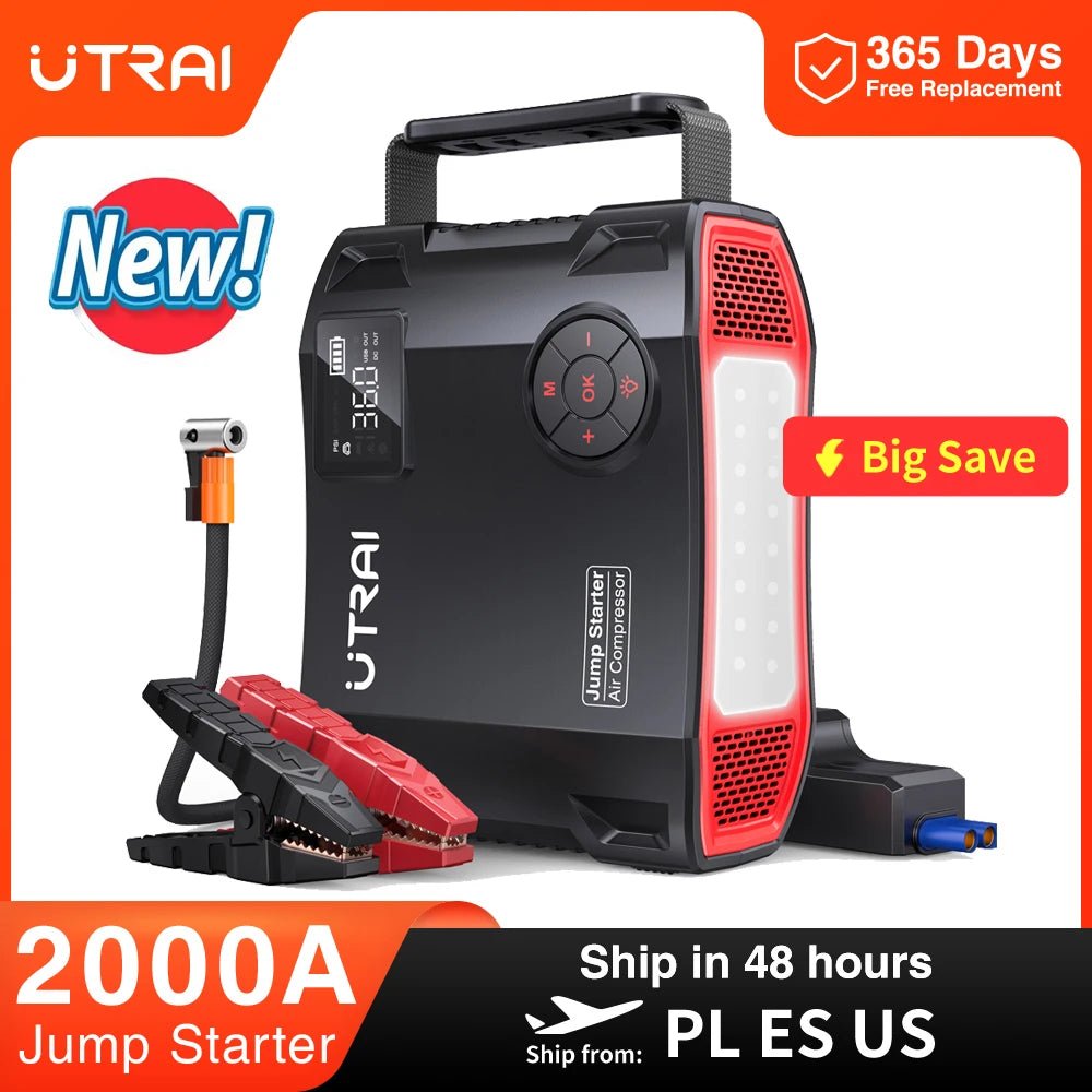 UTRAI 4 In 1 2000A Starthilfe Power Bank 16000 mAh 150 PSI Luftkompressor Reifenpumpe Tragbares Ladegerät Auto Booster Startgerät - flohmarkt-deutschland.shop