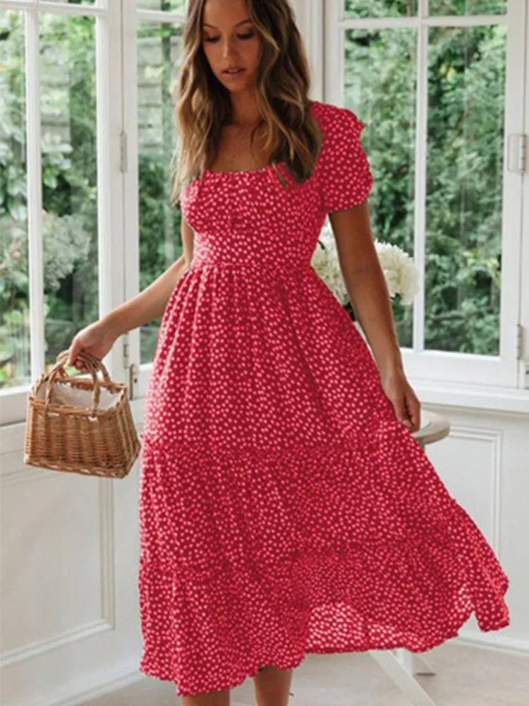 Vestidos Vintage Vintage Print Puff Sleeve summer Beach sweet dresses Casual Square collar floral maxi long dress festa - flohmarkt-deutschland.shop