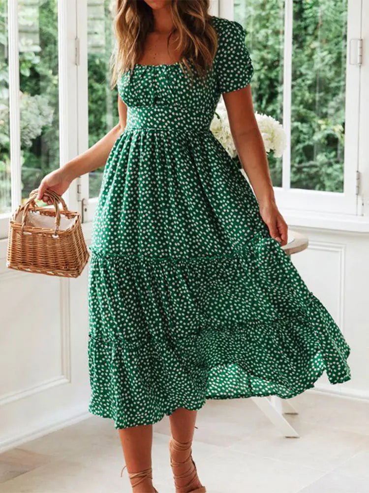 Vestidos Vintage Vintage Print Puff Sleeve summer Beach sweet dresses Casual Square collar floral maxi long dress festa - flohmarkt-deutschland.shop