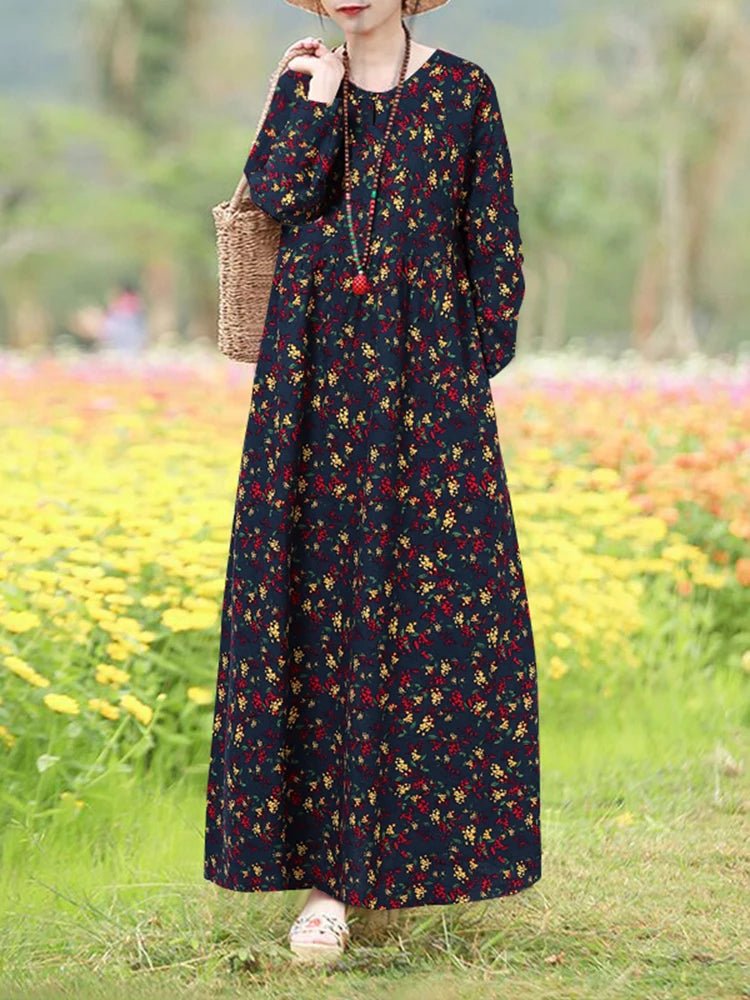 Vintage Blumen Kleid Frau 2025, ZANZEA Herbst Böhmischen Lange Kleider Casual Langarm Maxi Vestidos Lose Robe Femme Oversize - flohmarkt-deutschland.shop
