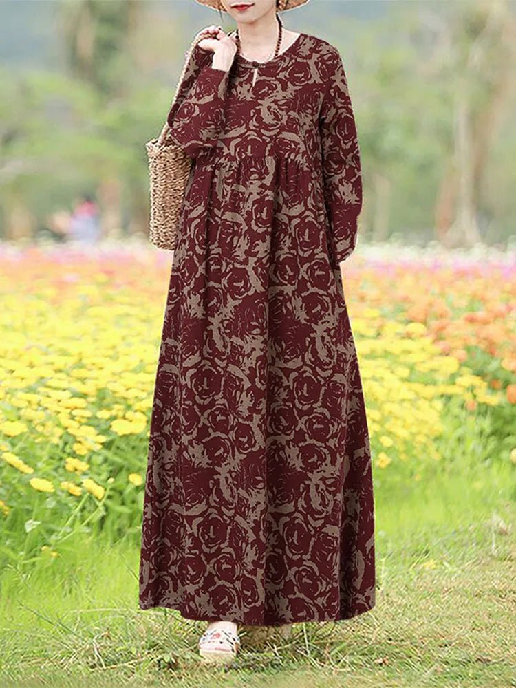 Vintage Blumen Kleid Frau 2025, ZANZEA Herbst Böhmischen Lange Kleider Casual Langarm Maxi Vestidos Lose Robe Femme Oversize - flohmarkt-deutschland.shop