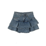 Vintage Denim-Rock-Shorts für Damen – Koreanische Sommermode: High Waist A-Linie, Washed Blue, figurbetont, süß & sexy Mini-Jeansrock mit Rüschen - flohmarkt-deutschland.shop
