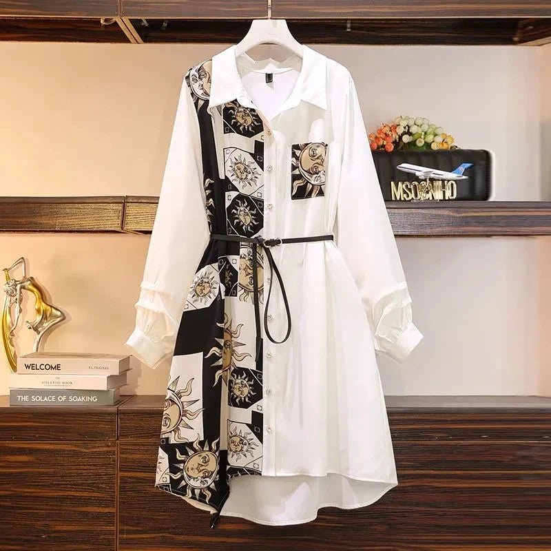 Vintage-Druck, A-Linie, mit Gürtel, lockerer Polo-Ausschnitt, Damenkleid, elegante einreihige, knielange Kleider für Damen, Frühling 2024 - flohmarkt-deutschland.shop