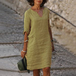 Vintage Women Solid Mini Dress Summer Fashion V-neck Three Quater Sleeve Cotton Linen Dress Ladies Casual Holiday Vestidos - flohmarkt-deutschland.shop