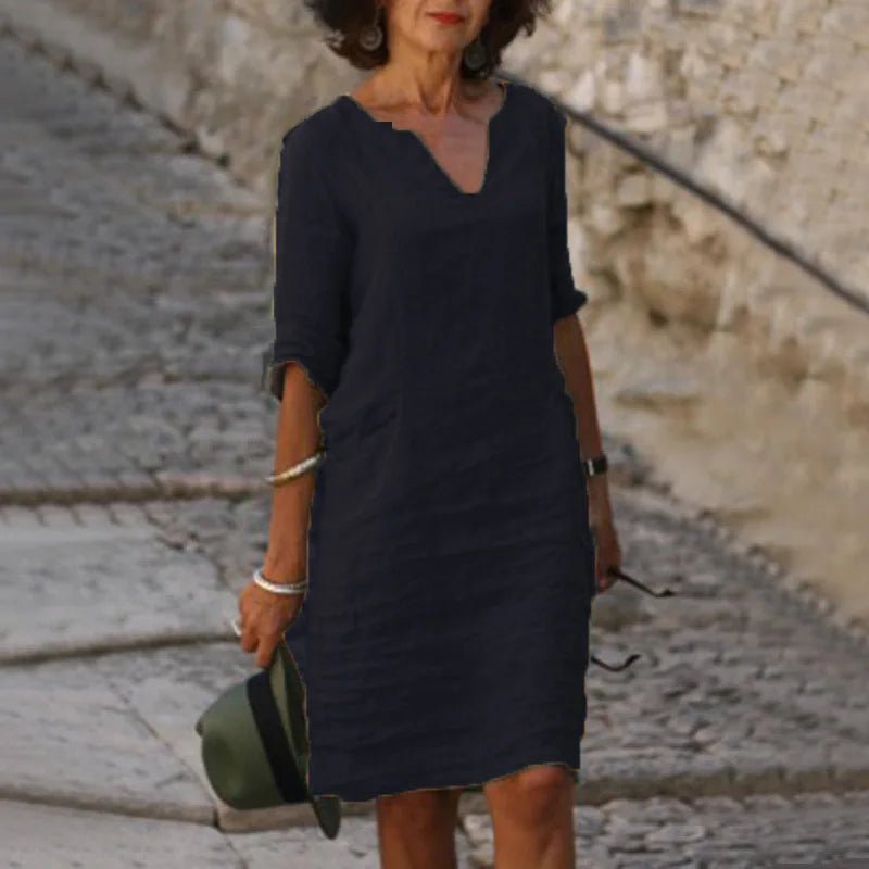 Vintage Women Solid Mini Dress Summer Fashion V-neck Three Quater Sleeve Cotton Linen Dress Ladies Casual Holiday Vestidos - flohmarkt-deutschland.shop