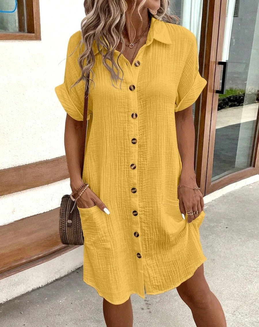 Vintage Women Solid Mini Dress Summer Fashion V-neck Three Quater Sleeve Cotton Linen Dress Ladies Casual Holiday Vestidos - flohmarkt-deutschland.shop