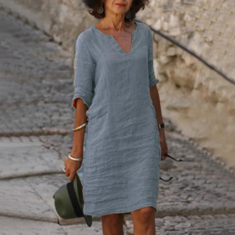 Vintage Women Solid Mini Dress Summer Fashion V-neck Three Quater Sleeve Cotton Linen Dress Ladies Casual Holiday Vestidos - flohmarkt-deutschland.shop