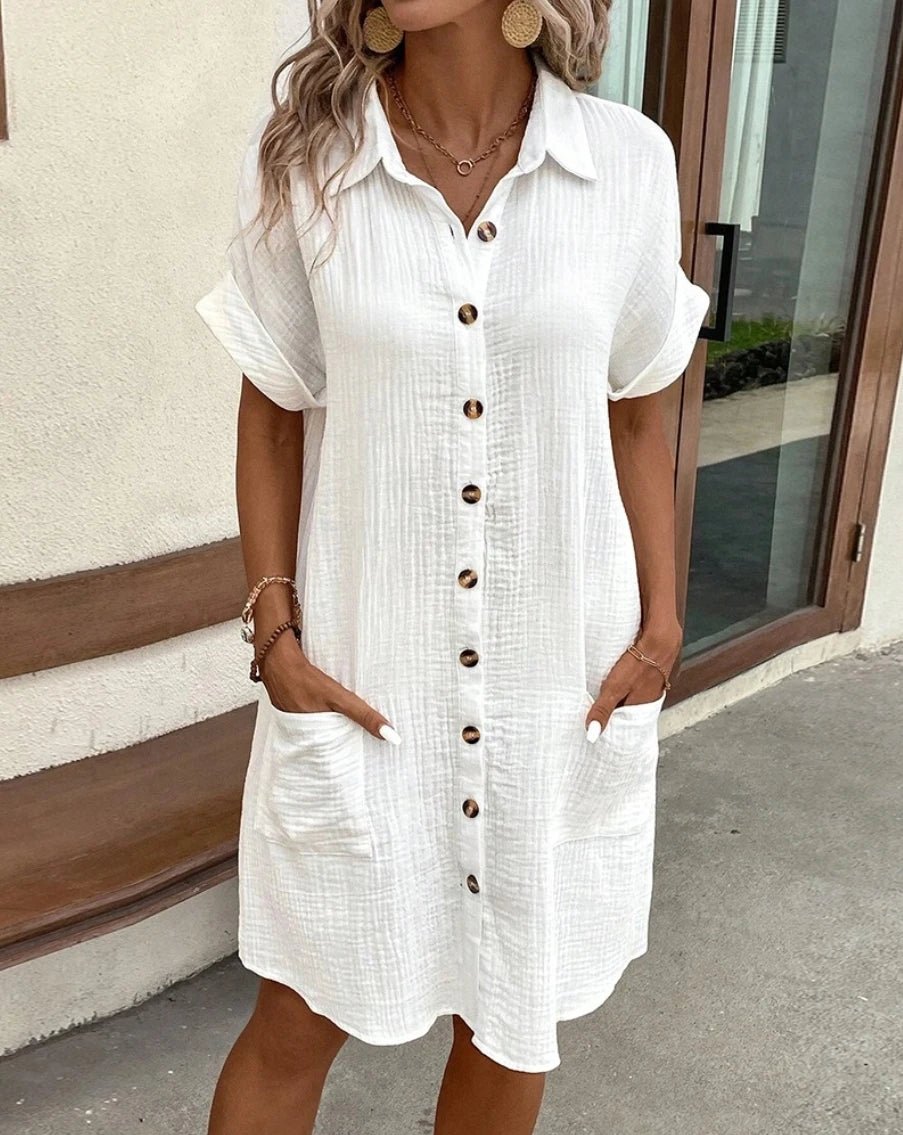 Vintage Women Solid Mini Dress Summer Fashion V-neck Three Quater Sleeve Cotton Linen Dress Ladies Casual Holiday Vestidos - flohmarkt-deutschland.shop