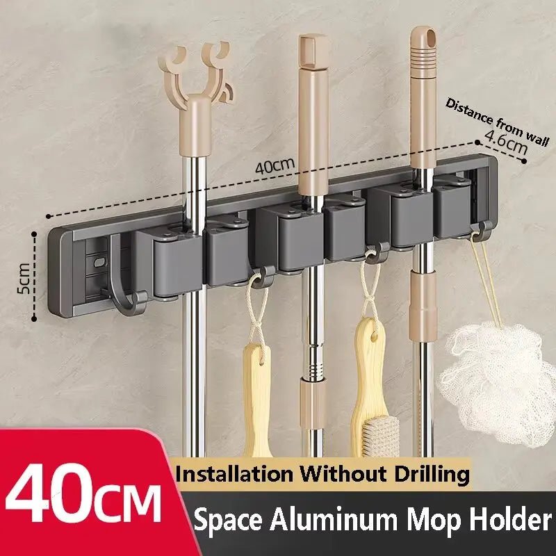 Wandmontierter Mopp- und Besenhalter mit 5 Haken, Starker Mopphalter Selbstklebend für Küche und Bad, Aufbewahrung für Reinigungsgeräte - flohmarkt-deutschland.shop