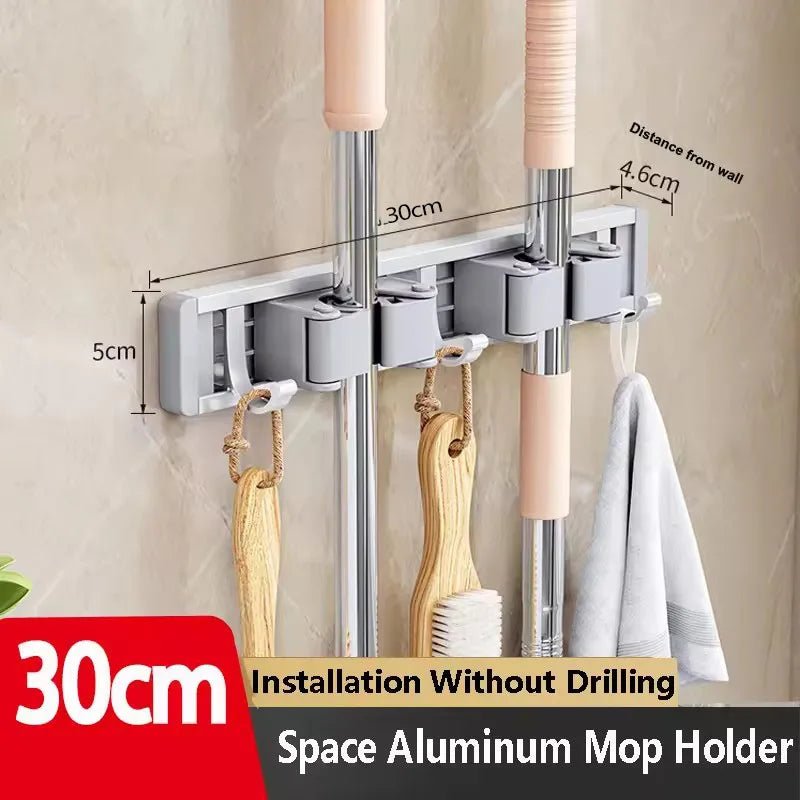 Wandmontierter Mopp- und Besenhalter mit 5 Haken, Starker Mopphalter Selbstklebend für Küche und Bad, Aufbewahrung für Reinigungsgeräte - flohmarkt-deutschland.shop