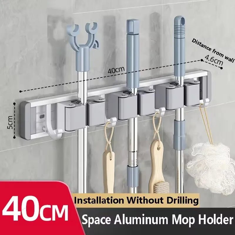 Wandmontierter Mopp- und Besenhalter mit 5 Haken, Starker Mopphalter Selbstklebend für Küche und Bad, Aufbewahrung für Reinigungsgeräte - flohmarkt-deutschland.shop