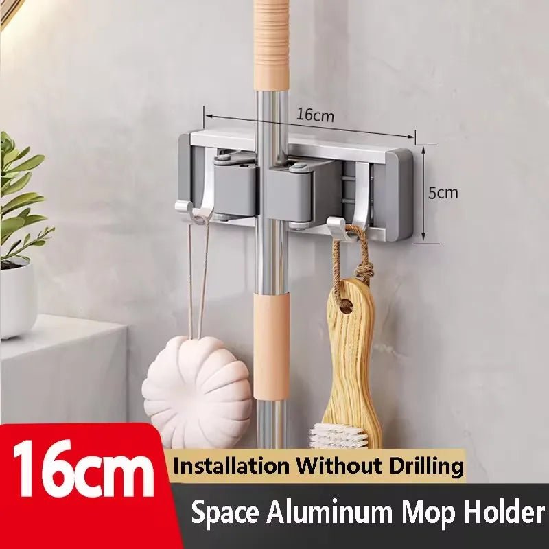 Wandmontierter Mopp- und Besenhalter mit 5 Haken, Starker Mopphalter Selbstklebend für Küche und Bad, Aufbewahrung für Reinigungsgeräte - flohmarkt-deutschland.shop