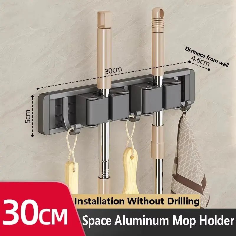Wandmontierter Mopp- und Besenhalter mit 5 Haken, Starker Mopphalter Selbstklebend für Küche und Bad, Aufbewahrung für Reinigungsgeräte - flohmarkt-deutschland.shop