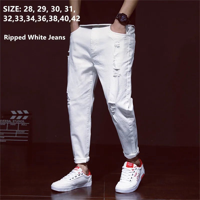 Weiße zerrissene Jeans für Herren, Harem, Jungen, Denim, Distressed, schwarze Hose, Frühling, Sommer, männlich, zerkratzt, Übergröße 40, 42, große Cowboy-Hose - flohmarkt-deutschland.shop