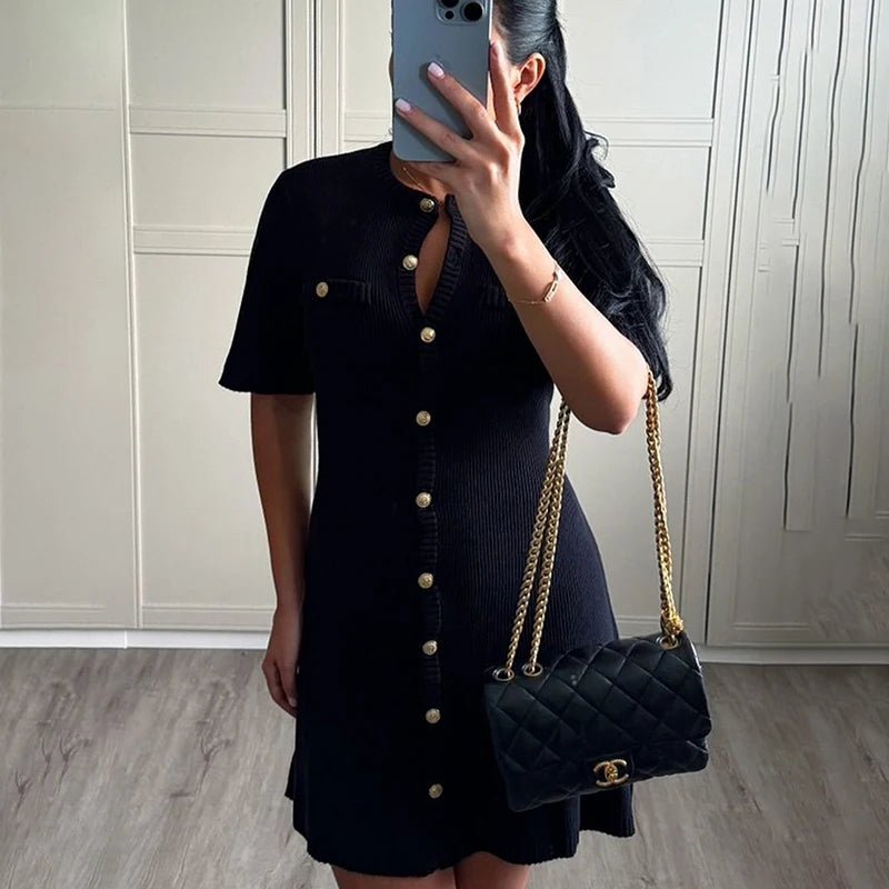 White Elegant Knitted Mini Dress For Women Metal Button Sexy Slim Rib Sweater Dress Holiday Party Outfits Autumn 2024 New - flohmarkt-deutschland.shop