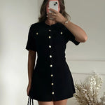 White Elegant Knitted Mini Dress For Women Metal Button Sexy Slim Rib Sweater Dress Holiday Party Outfits Autumn 2024 New - flohmarkt-deutschland.shop