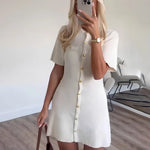 White Elegant Knitted Mini Dress For Women Metal Button Sexy Slim Rib Sweater Dress Holiday Party Outfits Autumn 2024 New - flohmarkt-deutschland.shop