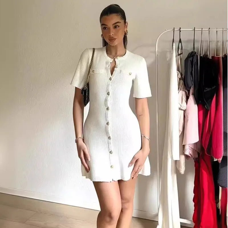 White Elegant Knitted Mini Dress For Women Metal Button Sexy Slim Rib Sweater Dress Holiday Party Outfits Autumn 2024 New - flohmarkt-deutschland.shop