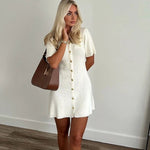 White Elegant Knitted Mini Dress For Women Metal Button Sexy Slim Rib Sweater Dress Holiday Party Outfits Autumn 2024 New - flohmarkt-deutschland.shop