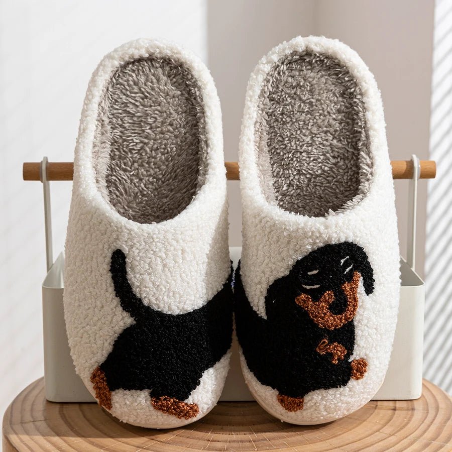 Winter Women's Slippers Cute and Interesting Cartoon Little Black Dog Indoor Warm Comfort Home Bedroom Soft Causal Plush Shoes - flohmarkt-deutschland.shop