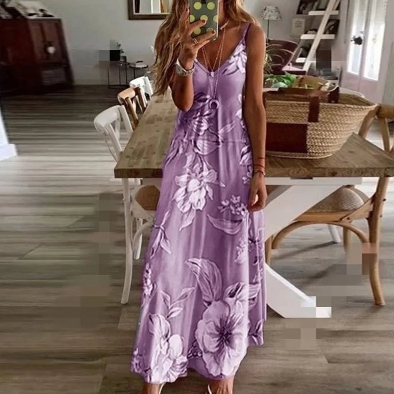 Women 2026 summer dress floral digital print V-neck sleeveless off shoulder sling long vest dress women's clothing vestidoes - flohmarkt-deutschland.shop