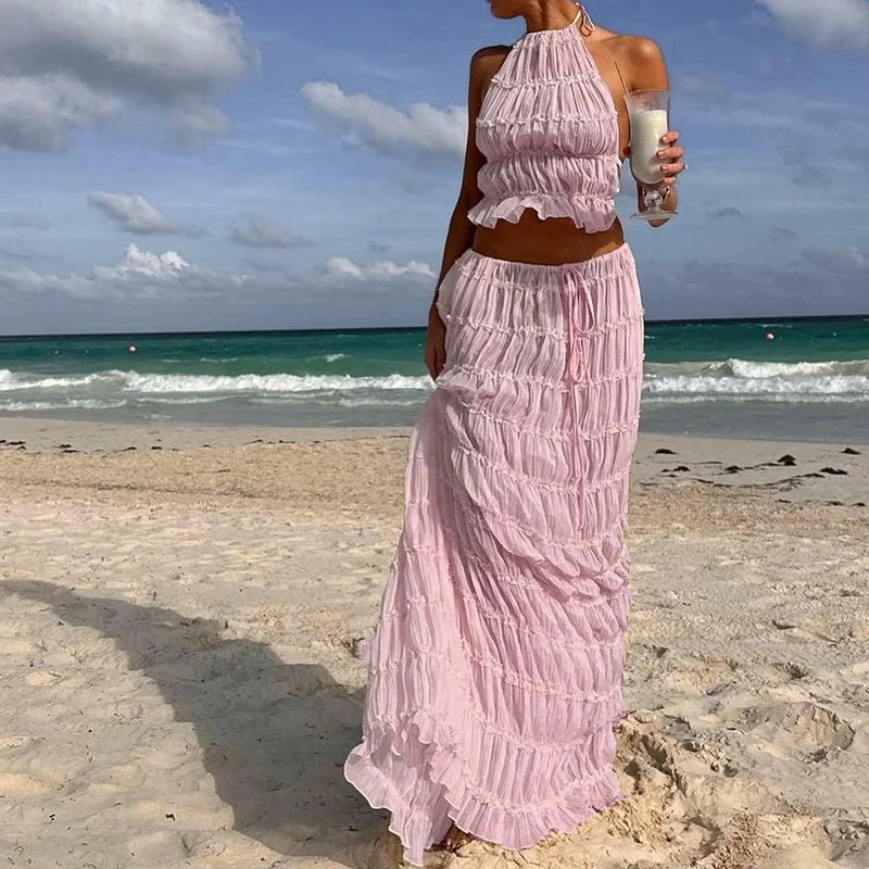 Women Boho Sexy Backless Matching Suit 2 Piece Beach Holiday Outfits Vintage Ruched Halter Cami Tops + Maxi Long Skirt Party - flohmarkt-deutschland.shop