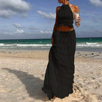 Women Boho Sexy Backless Matching Suit 2 Piece Beach Holiday Outfits Vintage Ruched Halter Cami Tops + Maxi Long Skirt Party - flohmarkt-deutschland.shop