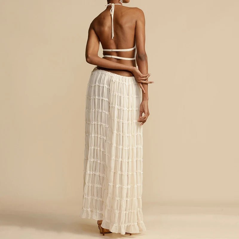 Women Boho Sexy Backless Matching Suit 2 Piece Beach Holiday Outfits Vintage Ruched Halter Cami Tops + Maxi Long Skirt Party - flohmarkt-deutschland.shop