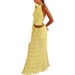 Women Boho Sexy Backless Matching Suit 2 Piece Beach Holiday Outfits Vintage Ruched Halter Cami Tops + Maxi Long Skirt Party - flohmarkt-deutschland.shop