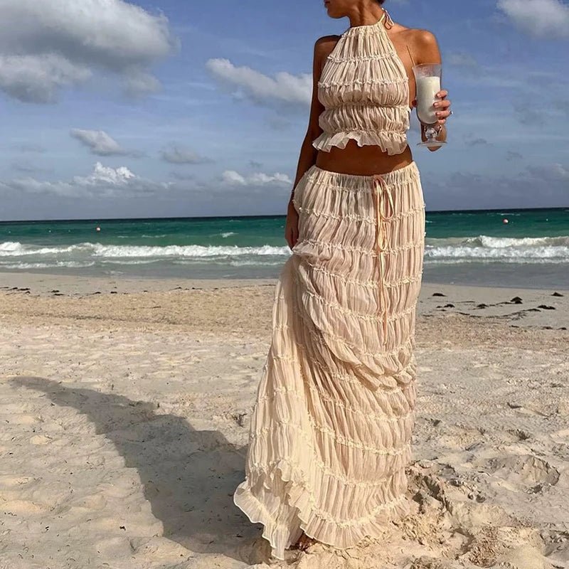 Women Boho Sexy Backless Matching Suit 2 Piece Beach Holiday Outfits Vintage Ruched Halter Cami Tops + Maxi Long Skirt Party - flohmarkt-deutschland.shop
