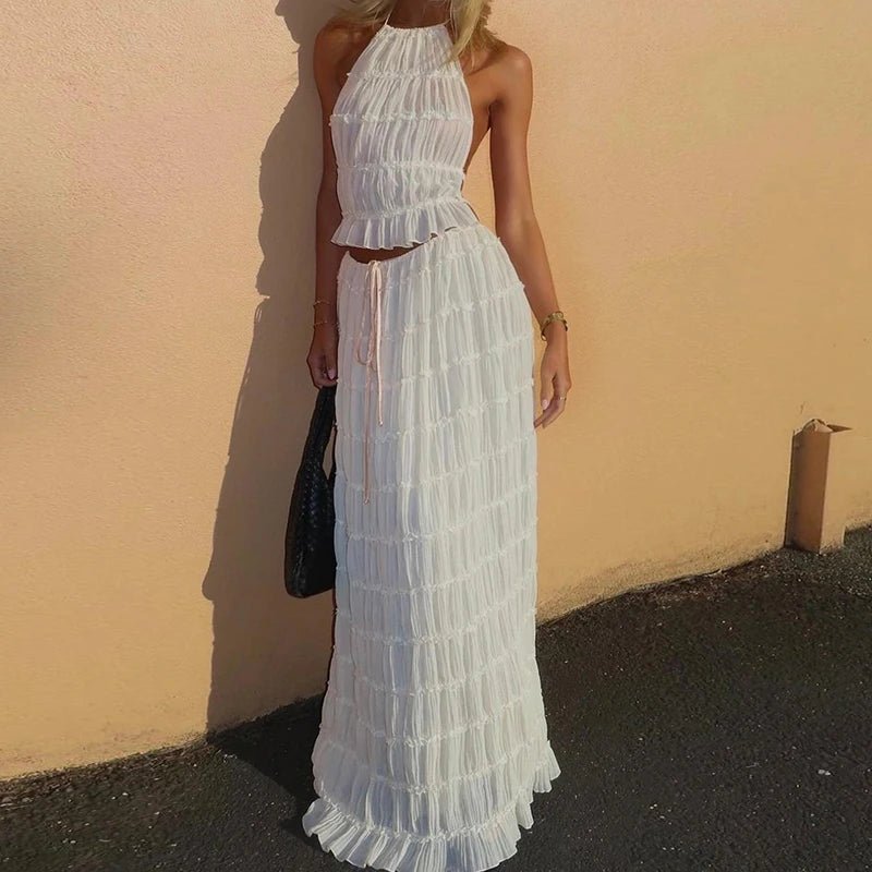 Women Boho Sexy Backless Matching Suit 2 Piece Beach Holiday Outfits Vintage Ruched Halter Cami Tops + Maxi Long Skirt Party - flohmarkt-deutschland.shop