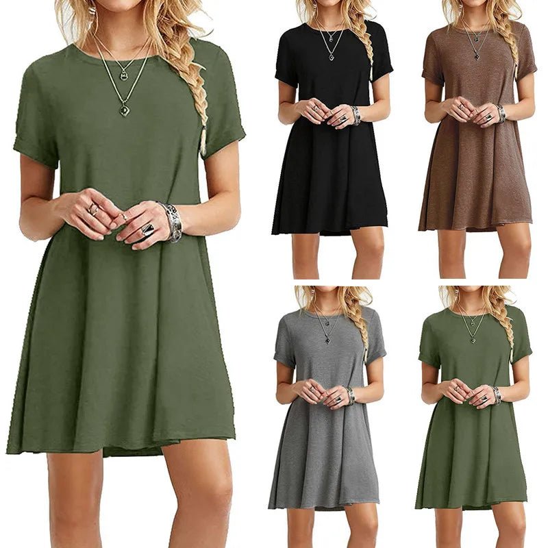 Women Casual Short Sleeve T Shirt Dress Vintage O Neck Print Loose Mini Dress Elegant Simple Mini Dress Streetwear Sundress - flohmarkt-deutschland.shop