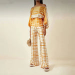 Women Print Satin Outfit Lantern Sleeve Off Shoulder Long Sleeve Blouse Office Lady 2 Piece Sets New Casual Wide Leg Pants Suits - flohmarkt-deutschland.shop