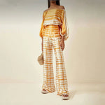 Women Print Satin Outfit Lantern Sleeve Off Shoulder Long Sleeve Blouse Office Lady 2 Piece Sets New Casual Wide Leg Pants Suits - flohmarkt-deutschland.shop