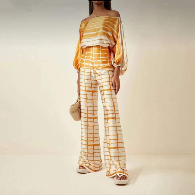Women Print Satin Outfit Lantern Sleeve Off Shoulder Long Sleeve Blouse Office Lady 2 Piece Sets New Casual Wide Leg Pants Suits - flohmarkt-deutschland.shop