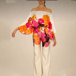 Women Print Satin Outfit Lantern Sleeve Off Shoulder Long Sleeve Blouse Office Lady 2 Piece Sets New Casual Wide Leg Pants Suits - flohmarkt-deutschland.shop