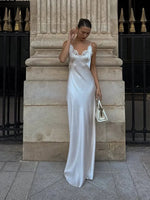 Women Sexy V-neck Satin Sling Maxi Dresses Chic White Lace Patchwork Sleeveless Backless Slim Gowns Summer Evening Party Dress - flohmarkt-deutschland.shop
