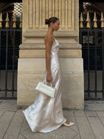 Women Sexy V-neck Satin Sling Maxi Dresses Chic White Lace Patchwork Sleeveless Backless Slim Gowns Summer Evening Party Dress - flohmarkt-deutschland.shop