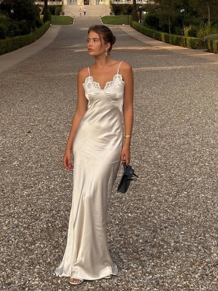 Women Sexy V-neck Satin Sling Maxi Dresses Chic White Lace Patchwork Sleeveless Backless Slim Gowns Summer Evening Party Dress - flohmarkt-deutschland.shop