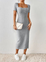 Women Spring Summer Style Knitted Dress Lady Casual Short Sleeve Square Collar Side Slit Dress Vestidos - flohmarkt-deutschland.shop