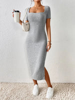 Women Spring Summer Style Knitted Dress Lady Casual Short Sleeve Square Collar Side Slit Dress Vestidos - flohmarkt-deutschland.shop