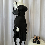 Women Strapless Sexy Floral Fold Hemline High Slit Mini Dress 2024 Solid Backless Sleeveless Black And Pink Party Dress Vestidos - flohmarkt-deutschland.shop
