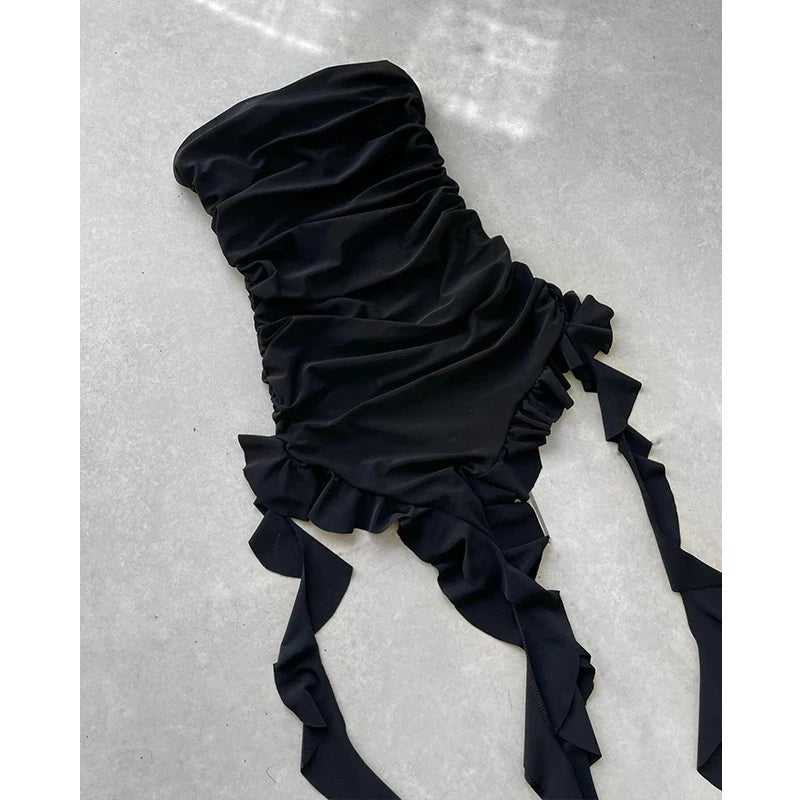 Women Strapless Sexy Floral Fold Hemline High Slit Mini Dress 2024 Solid Backless Sleeveless Black And Pink Party Dress Vestidos - flohmarkt-deutschland.shop