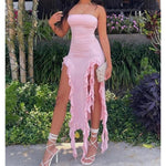 Women Strapless Sexy Floral Fold Hemline High Slit Mini Dress 2024 Solid Backless Sleeveless Black And Pink Party Dress Vestidos - flohmarkt-deutschland.shop